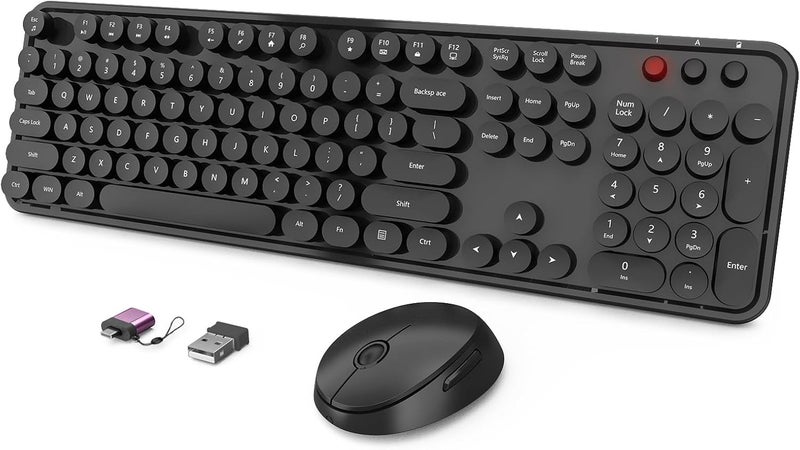 SkyGive Wireless Keyboard and Mouse Combo, Ergonomic Full Size Typewriter Retro Round Keycaps Keyboard, Compatible with Windows, PC, Perfer for Home and Office Keyboards (Black - Image 1